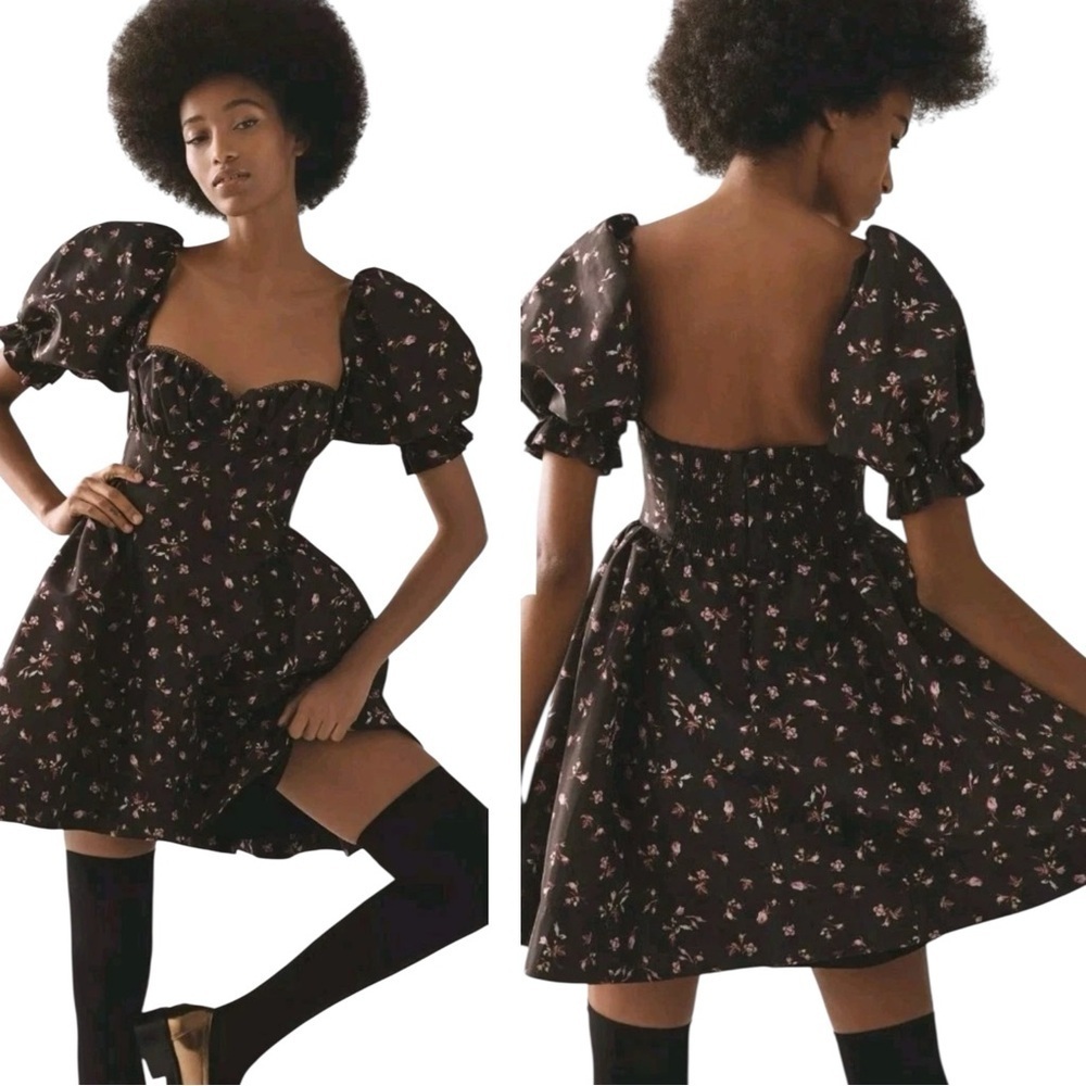 Anthro Maeve Puff Sleeve Sweetheart Mini Dress Brown Floral Milkmaid Coquette L